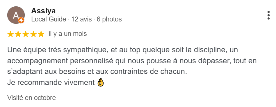 Avis google attribué à  Cryo Gym qui démontre l'accompagnement personnalisée de nos coachs sportifs, qui respectent les besoins de tous.