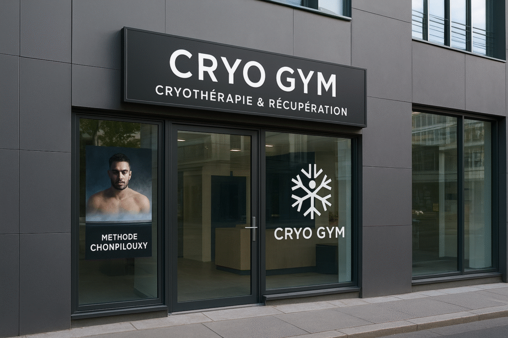 Devanture de la salle de sport, située à Saint-Etienne. Un cadre chaleureux qui encourage tout sportif. Logo de notre gamme cryothérapie et Chonpilouxy mises en avant.